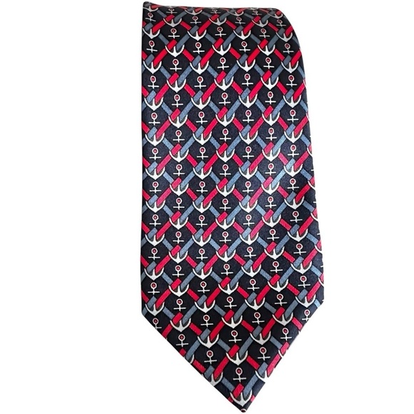 Authentic HERMES 100% Silk Blue Red & White Anchor Nautical Men’s Neck Tie - Picture 6 of 8